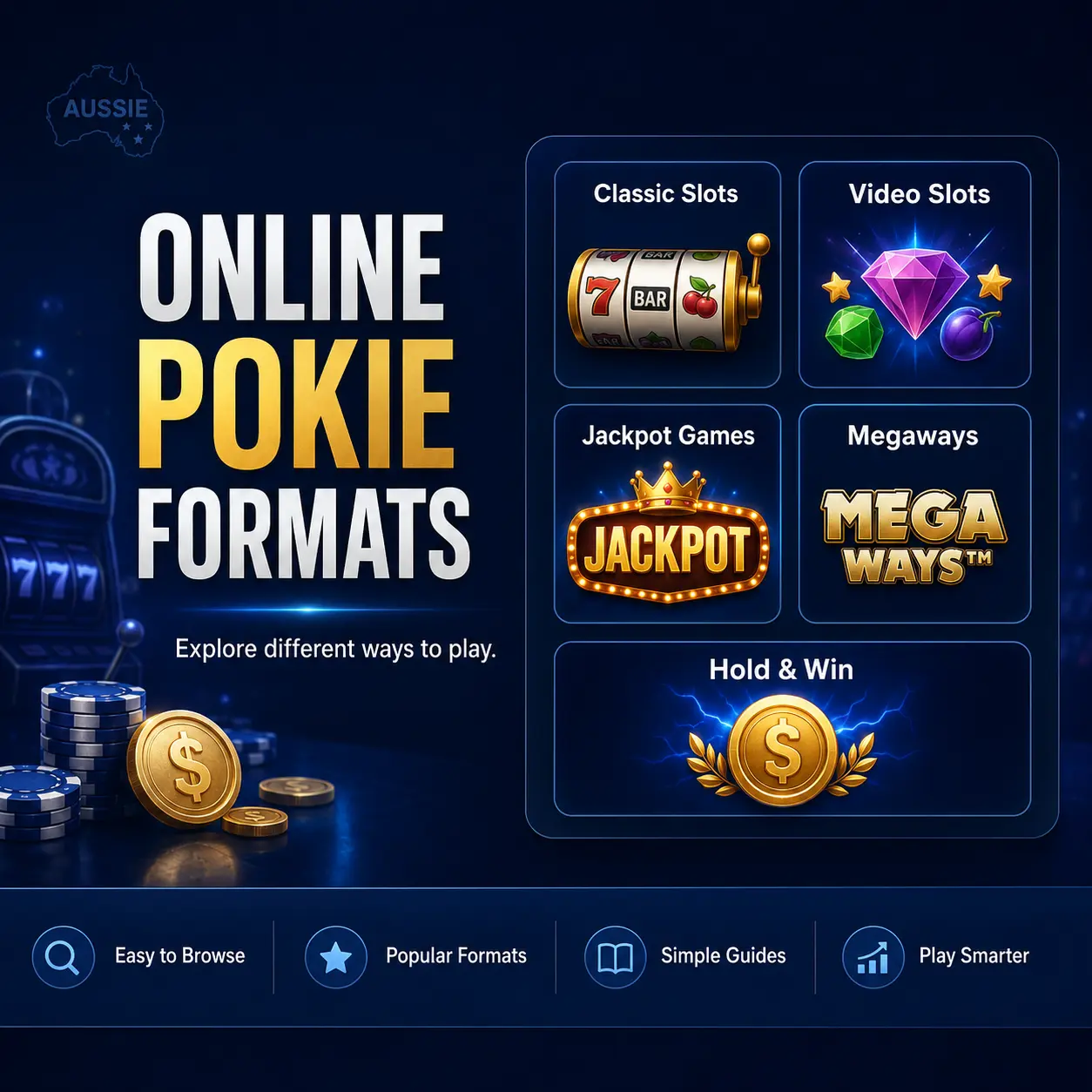 Examples of Megaways, Hold and Win, cluster pays and three-reel classic pokie layouts side by side