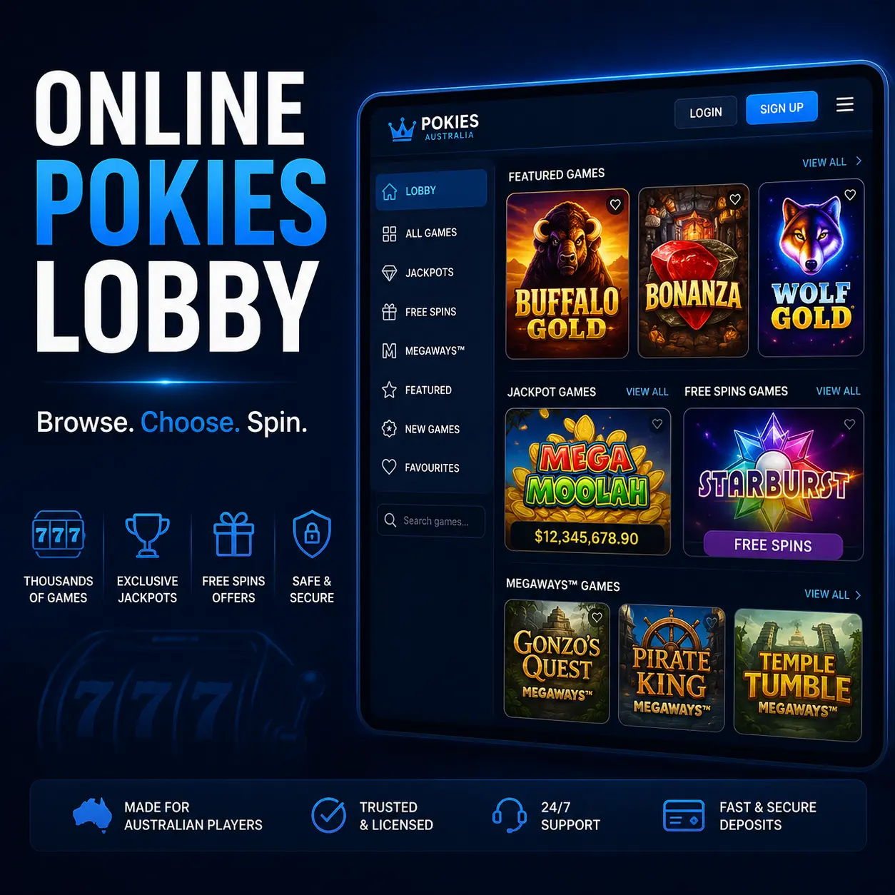 An online pokies lobby with the provider filter open, showing published RTP on each game tile