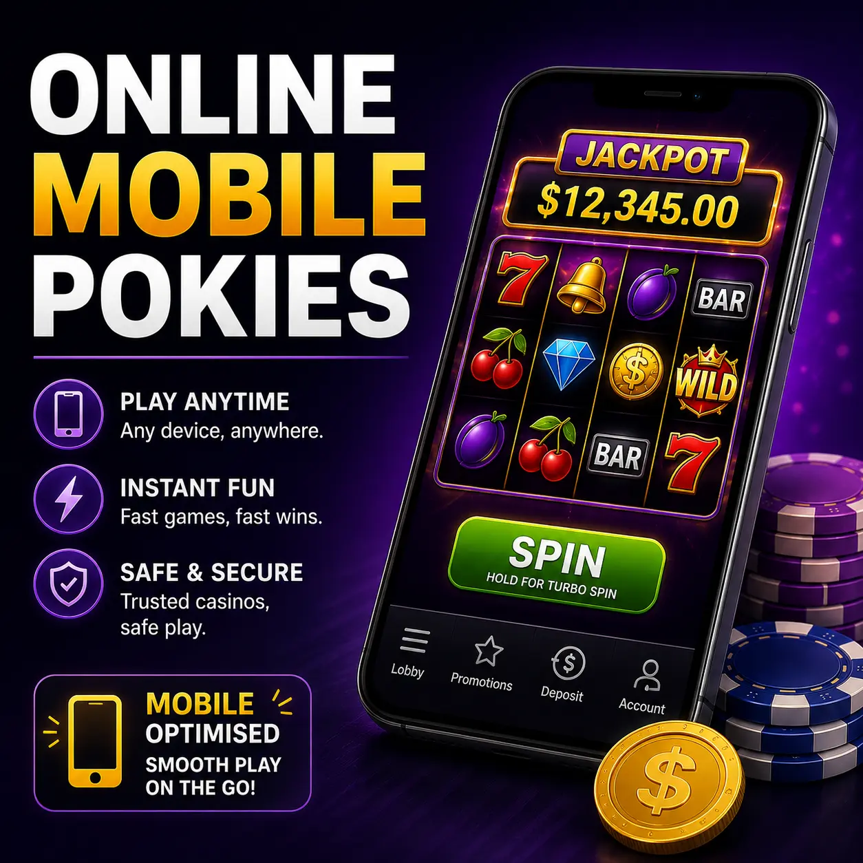 An online pokie running in a mobile browser with the stake selector and spin control visible